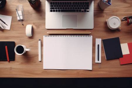 Top view Office desk with office tools, computer laptop on wood table background with copy space. Generative AIの素材