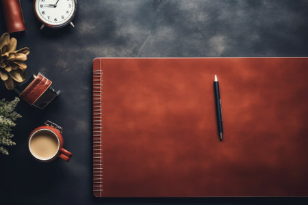 Top view Office desk with office tools, computer laptop on wood table background with copy space. Generative AIの素材