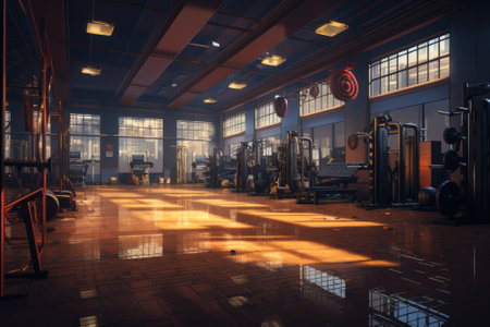 Interior view of a gym with equipment, GYM Background. Generative AIの素材