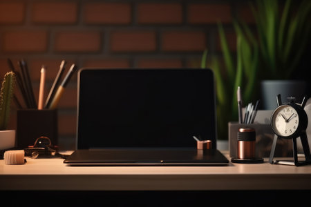 Front view Office desk with office tools, computer laptop on wood table background with copy space. Generative AIの素材