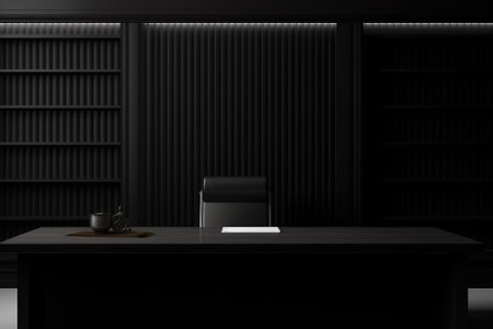 Front view Office desk with office tools, computer laptop on wood table background with copy space. Generative AIの素材