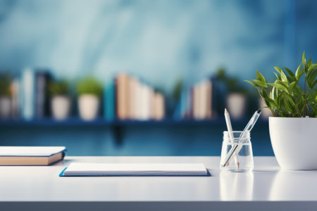 Front view Office desk with office tools, computer laptop on wood table background with copy space. Generative AIの素材