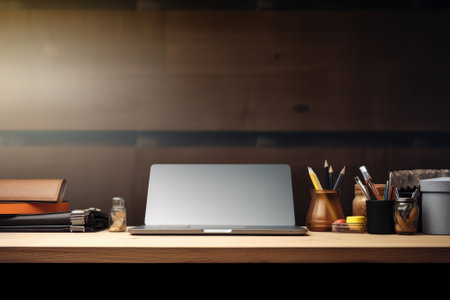 Front view Office desk with office tools, computer laptop on wood table background with copy space. Generative AIの素材