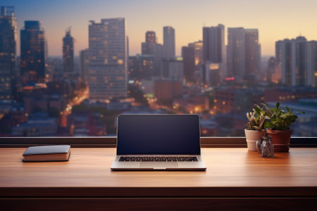 Front view Office desk with office tools, computer laptop on wood table background with copy space. Generative AIの素材