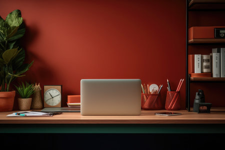Front view Office desk with office tools, computer laptop on wood table background with copy space. Generative AIの素材