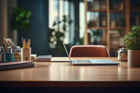Front view Office desk with office tools, computer laptop on wood table background with copy space. Generative AIの素材