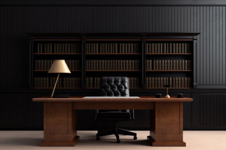 Front view Office desk with office tools, computer laptop on wood table background with copy space. Generative AIの素材