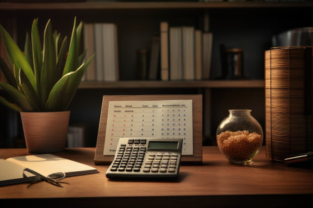 Front view Office desk with office tools, computer laptop on wood table background with copy space. Generative AIの素材