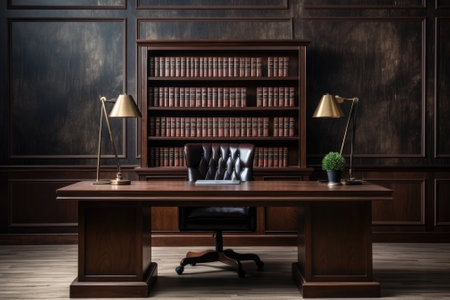 Front view Office desk with office tools, computer laptop on wood table background with copy space. Generative AIの素材
