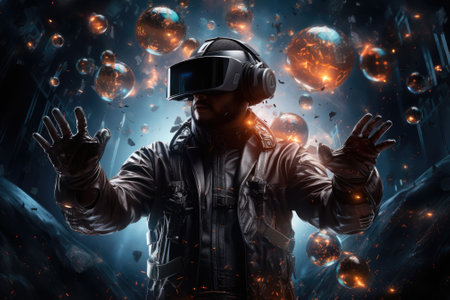 A man wearing VR headset user, surreal world and virtual reality, colorful flowers fields. Generative AIの素材