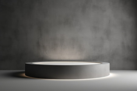 Light gray wall with a podium and beautiful lighting. Background for product presentation. Generative AIの素材