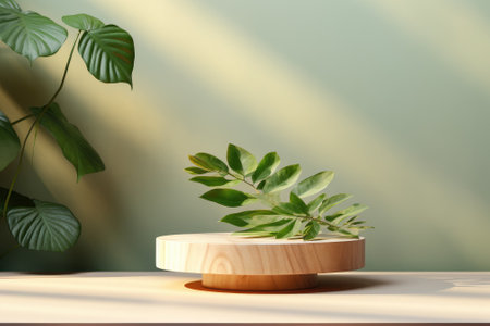 Wooden and Nature podium and beautiful lighting. Background for product presentation. Generative AIの素材