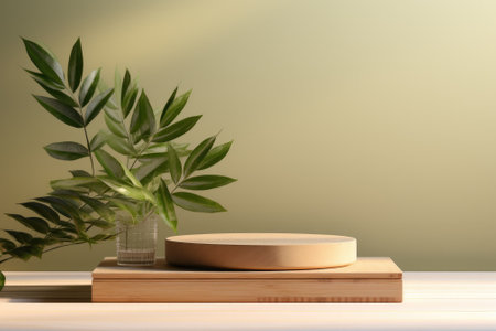 Wooden and Nature podium and beautiful lighting. Background for product presentation. Generative AIの素材