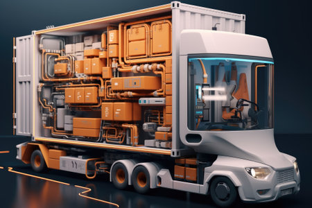 Business logistics and transportation concept of a container cargo truck and cargo with a working crane bridge in a shipyard and a sunset in the background. Generative AIの素材