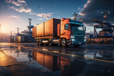 Business logistics and transportation concept of a container cargo truck and cargo with a working crane bridge in a shipyard and a sunset in the background. Generative AIの素材