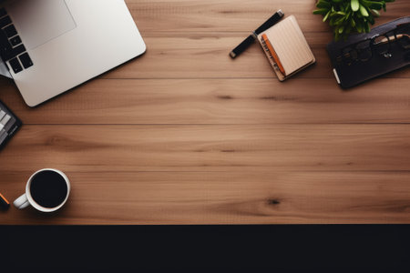 Top view Office desk with office tools, computer laptop on wood table background with copy space. Generative AIの素材