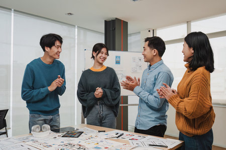 Team of ux developer and ui designer brainstorming interface wireframe design.Creative digital development agencyの写真素材