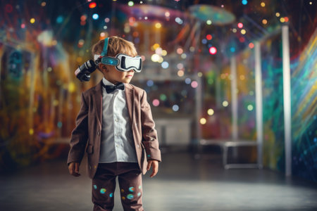 Boy wearing VR headset user, surreal world and virtual reality, colorful flowers fields. Generative AIの素材