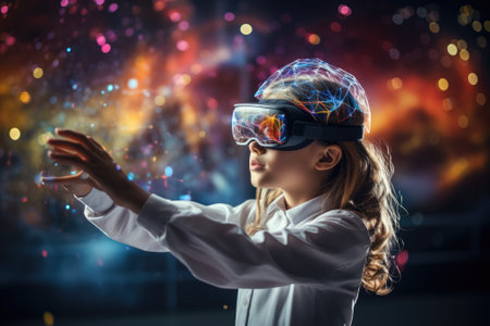 Girl wearing Virtual Reality headset, surreal world and virtual reality, colorful flowers fields. Generative AIの素材