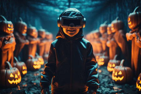 Boy wearing virtual reality headset and in halloween costumes. VR goggles. Generative AIの素材