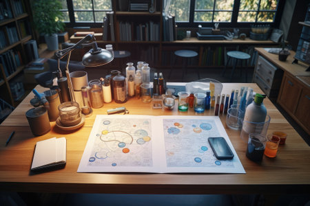 Scientific equipments spread on desk. Generative AIの素材
