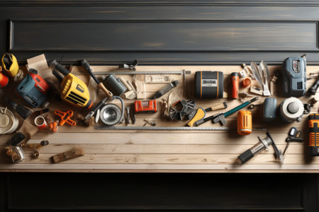 Top view mechanic or carpenter tools with copy space. Generative AIの素材