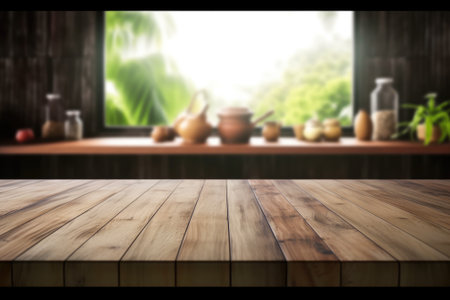 Montage wooden table with blurred modern kitchen room background. Generative AIの素材