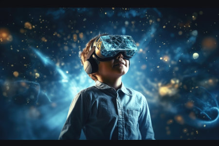 A boy wearing VR headset user, surreal world and virtual reality, colorful flowers fields. Generative AIの素材