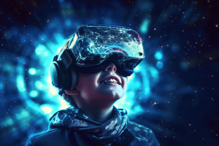 A boy wearing VR headset user, surreal world and virtual reality, colorful flowers fields. Generative AIの素材