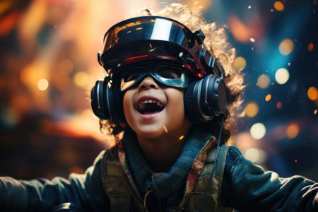 A boy wearing VR headset user, surreal world and virtual reality, colorful flowers fields. Generative AIの素材