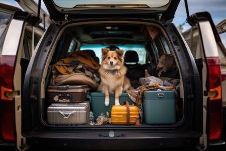 Dog sitting in car with luggage for travel. Generative AIの素材
