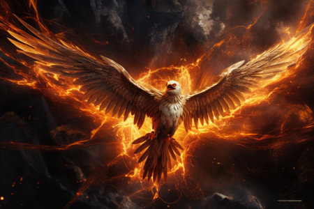 Phoenix is flying burning with fire. Birds. Mythical creatures. Generative AIの素材