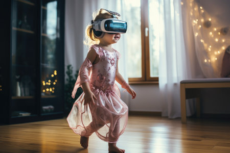 Princess girl wearing VR headset user, surreal world and virtual reality, colorful flowers fields. Generative AIの素材