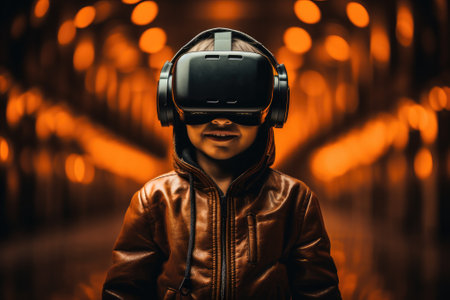 Boy wearing virtual reality headset and in halloween costumes. VR goggles. Generative AIの素材