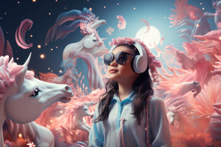 Boy wearing virtual reality headset and surreal unicorn. VR goggles. Generative AIの素材