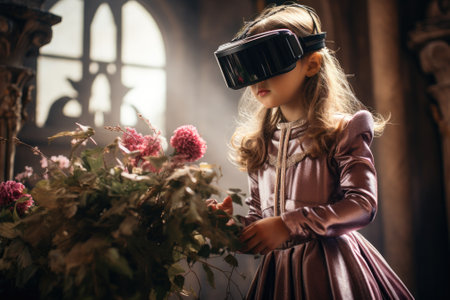 Princess girl wearing VR headset user, surreal world and virtual reality, colorful flowers fields. Generative AIの素材