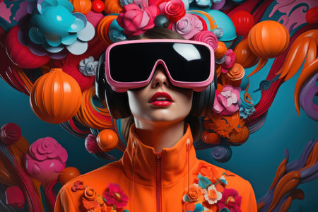 Woman wearing VR headset user, surreal world and virtual reality, colorful flowers fields. Generative AIの素材