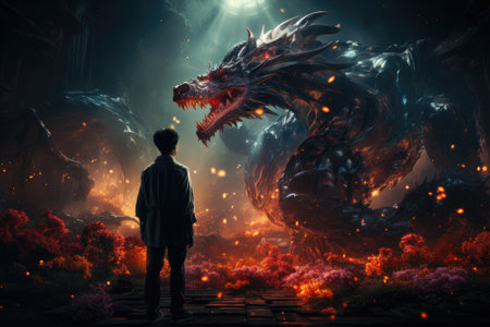 Man wearing virtual reality headset and surreal dragon. VR goggles. Generative AIの素材