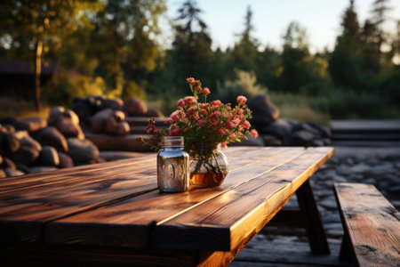 Empty wooden table with picnic in garden background. Generative AIの素材