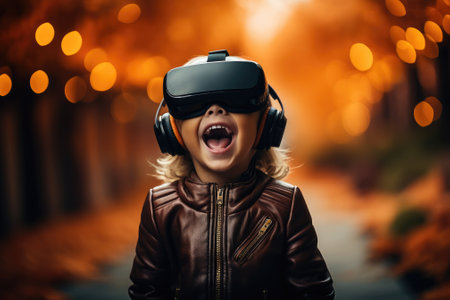 Boy wearing virtual reality headset and in halloween costumes. VR goggles. Generative AIの素材