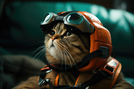 Cat wearing VR headset, surreal worlds and colorful, colorful sky in the background. Generative AIの素材