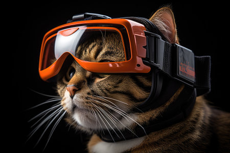 Cat wearing VR headset, surreal worlds and colorful, colorful sky in the background. Generative AIの素材