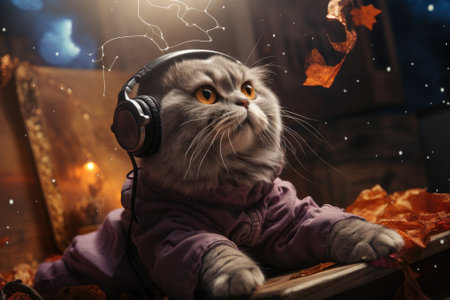 Cat wearing VR headset, surreal worlds and colorful, colorful sky in the background. Generative AIの素材