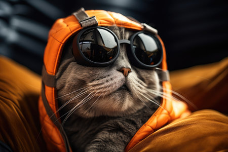 Cat wearing VR headset, surreal worlds and colorful, colorful sky in the background. Generative AIの素材