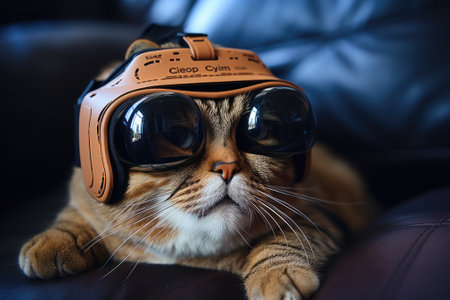 Cat wearing VR headset, surreal worlds and colorful, colorful sky in the background. Generative AIの素材