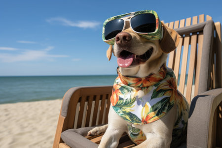 Labrador dog wearing sunglasses on the beach. Generative AIの素材