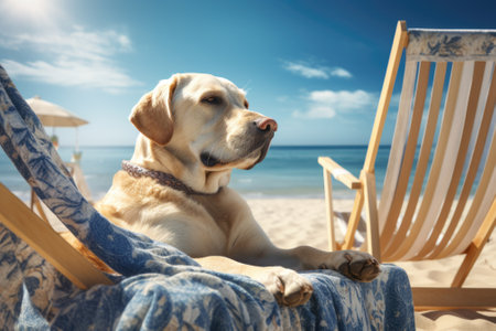 Labrador dog wearing sunglasses on the beach. Generative AIの素材