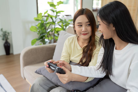 Asian beautiful lesbian gay couple enjoy play game together in Livingroom. Two female friend sit on...