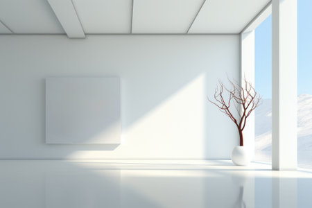 Empty minimal white room with interesting with glare from the window. Interior background for the presentation. Generative AIの素材