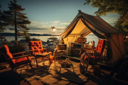 Empty Camping tent. camp trip concept. Generative AIの素材